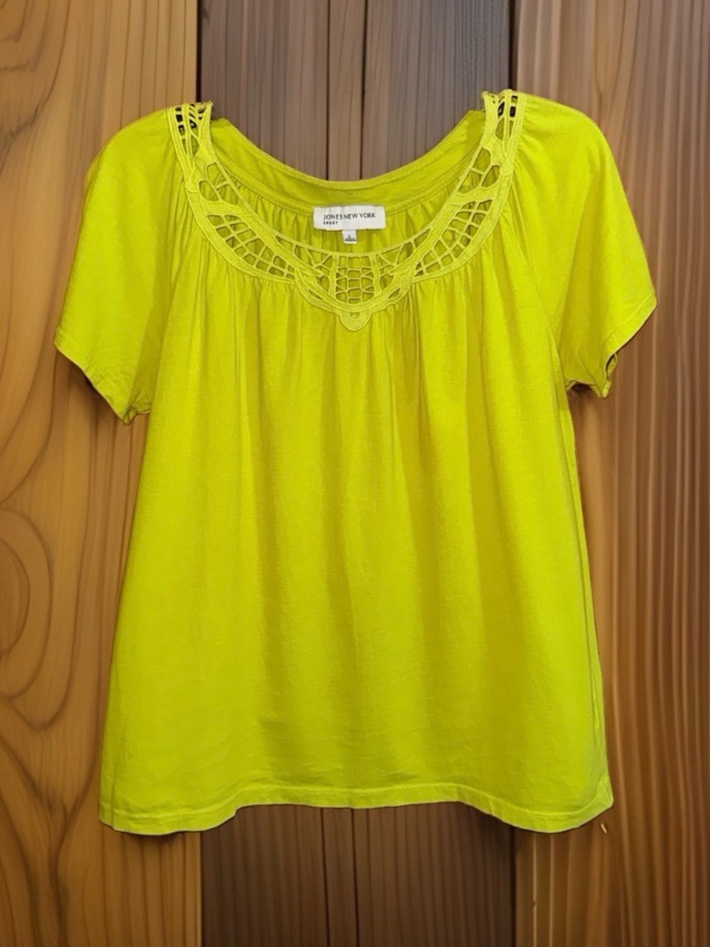 Jones New York Sport Lime Lace-Yoke Short Sleeve Knit Top-L-EC